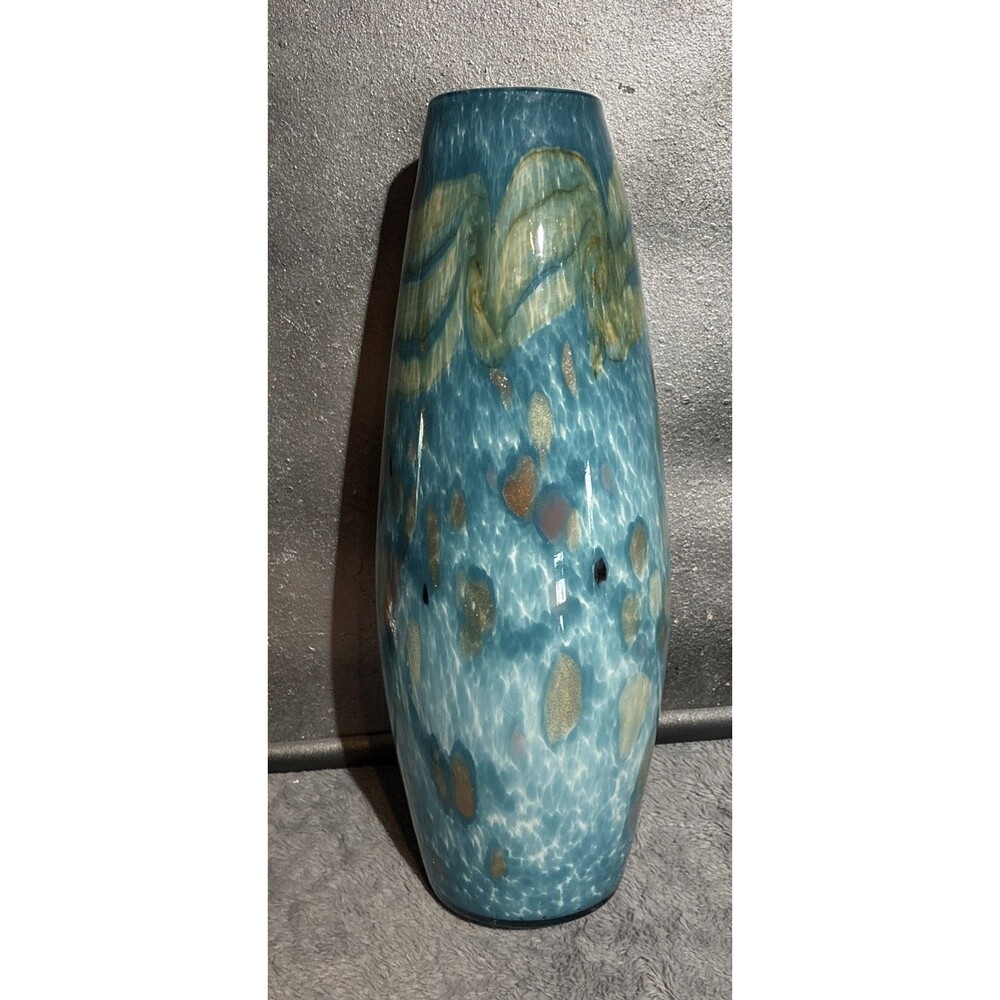 Gorgeous Hand blown Glass Vase Teal Gold Murano Style 19.5” Thick Quality Decor